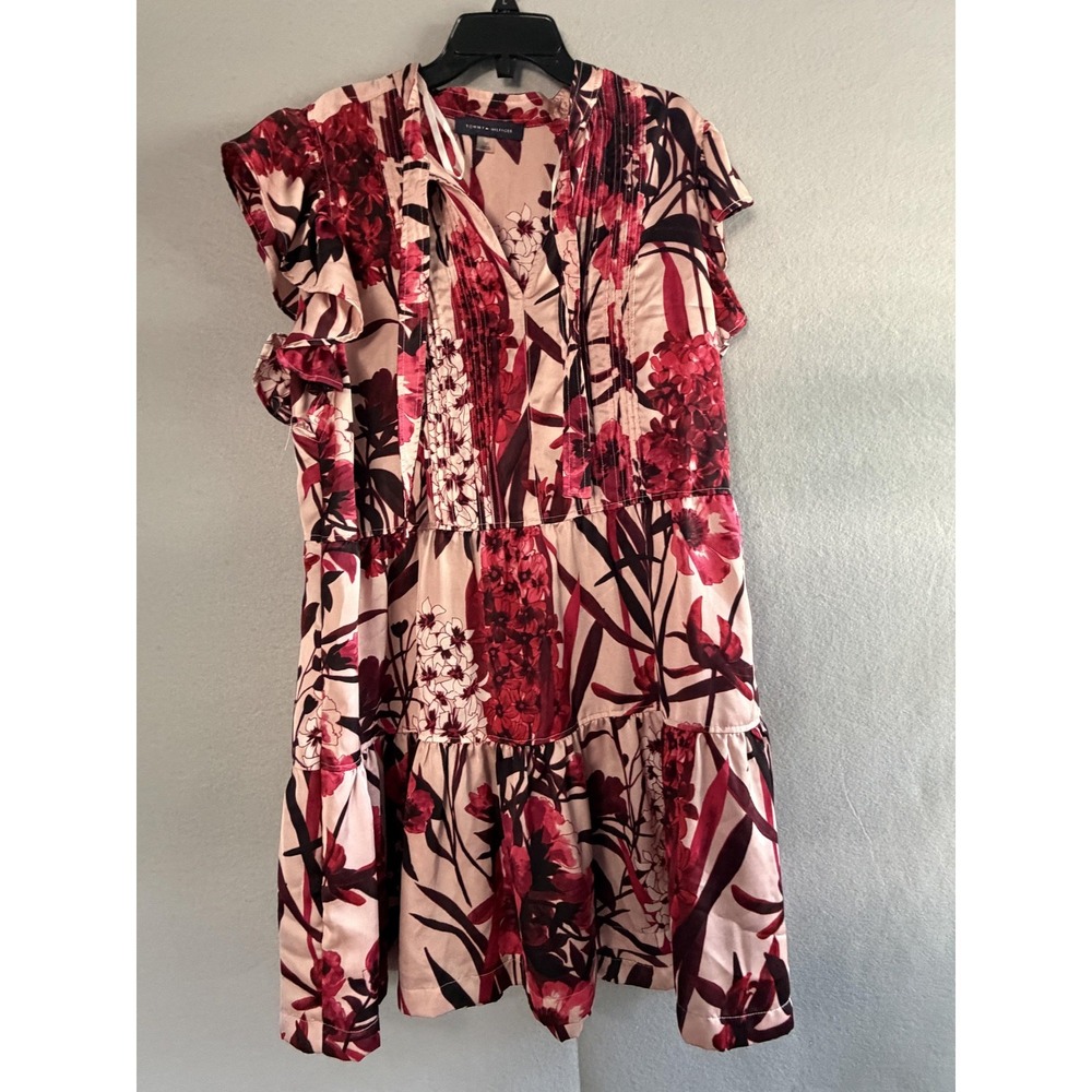 Tommy Hilfiger Dress Womens 12 Red Floral V Neck Ruffle Tiered Swing Short